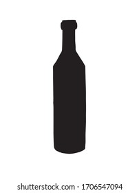 Vector black doodle sketch wine bottle silhouette isolated on white background
