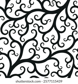 Vector black doodle vintage curls seamless pattern. Floral organic background. For textiles, wallpaper and packaging. Transparent background