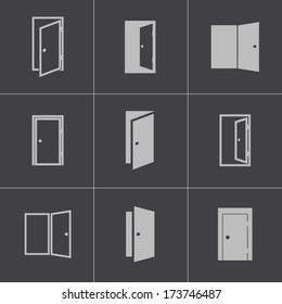 Vector black door icons set on gray background