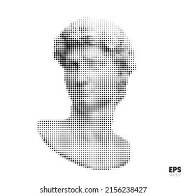 Vector black dot halftone mode illustration of male classical style head sculpture from 3d rendering isolated on white background. 