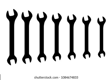 Vector black double open ended wrench spanner set on white background