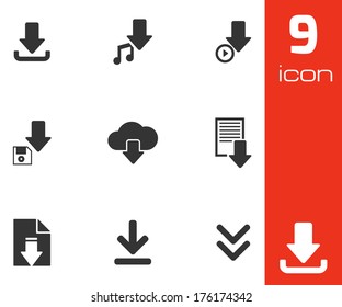 Vector black download icons set white background.