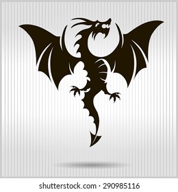 Vector black dragon with wings on a gray striped background