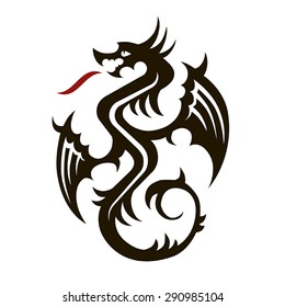 Vector black dragon with wings and red flames on a white background