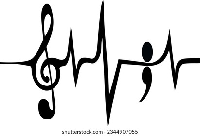 Dibujo vectorial negro sobre un fondo blanco claro de una nota musical con un pulso de ritmo cardíaco, latido cardíaco y un diseño de semicolon, tatuaje