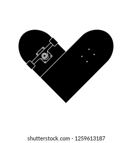 Vector black drawn logo with skateboard heart shaped with wheels and trucks isolated on white