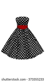 Vector black dress with white polka dots with a red belt