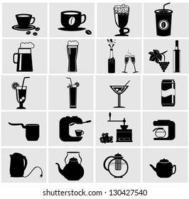 Vector black drinks & beverages icons set.Vector black coffee icons set.