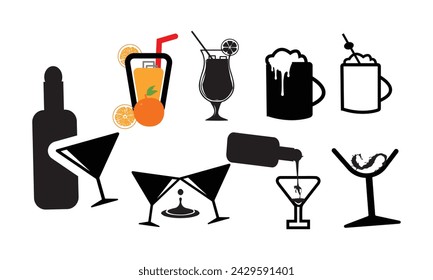 Conjunto de iconos de bebidas de bebidas negras vectoriales. Todas las áreas blancas se cortan de los iconos y las áreas negras se fusionan.Botones vectoriales. Conjunto de iconos negro siluetas bebida