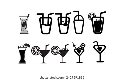 Conjunto de iconos de bebidas de bebidas negras vectoriales. Todas las áreas blancas se cortan de los iconos y las áreas negras se fusionan.Botones vectoriales. Conjunto de iconos negro siluetas bebida