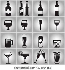 Vector black drinks and beverages icons set
