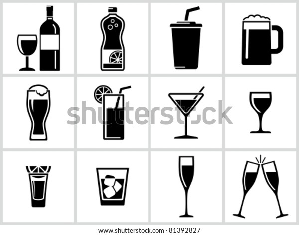 Vector black\
drinks & beverages icons set. All white areas are cut away\
from icons and black areas\
merged.
