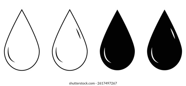 Vector black drop icons set on white background, Water drops icons, ink drops icons, blood or oil drop icon, vector illustration. 