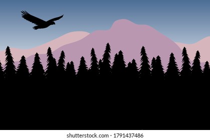 Silueta de águila negra vectorial aislada en el paisaje de caricatura plana con bosque de abetos y montañas