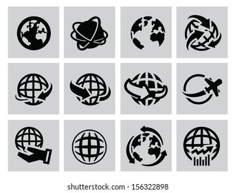vector black earth icons set on gray