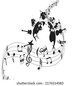 a vector with black earth surrounded by musical instruments and black notes and charts commonly used on world music day.