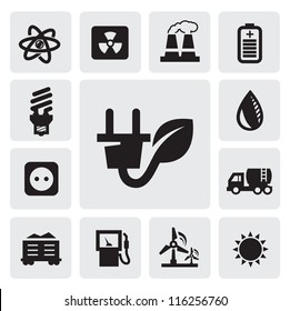 vector black eco energy icons set on gray