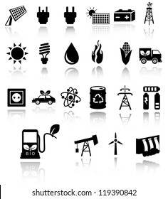 Vector black eco energy icons set on gray. Solar and wind energy. EPS10