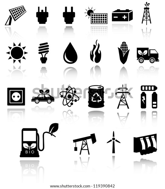 Vector black eco energy icons set on gray. Solar
and wind energy. EPS10