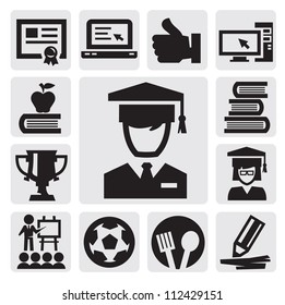 vector black education icon set on gray