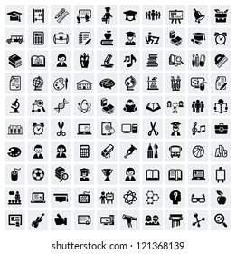 vector black education icons set on gray