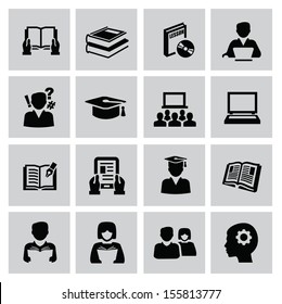 vector black education icons set on gray