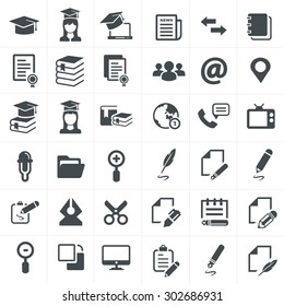 vector black education icons set on gray