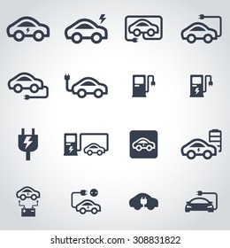 Vector black electric car icon set on grey background