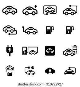 Vector Black Electric Car Icon Set.