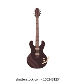 Vector black electric guitar icon. Classic rock musical instrument. Symbol of heavy metal, blues and string music. Stage entertainment equipment for musicians. Isolated illustration