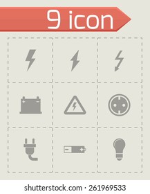 Vector black electricity icon set on grey background.