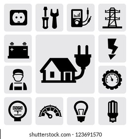 vector black electricity icons set on gray