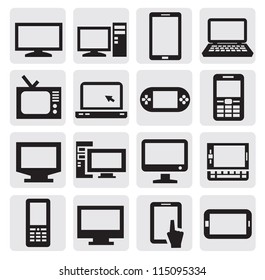 vector black electronic devices icons set on gray