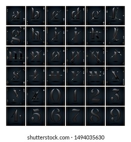 Vector black elegant custom designed shiny lowercase letters and numbers with contemporary decorative elements