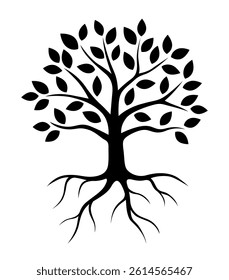 Vector black elegant simple tree illustration with crown and roots isolated on white background