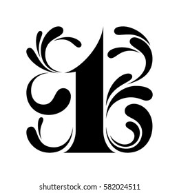 Vector black elegant typographic illustration of number one with decorative elements