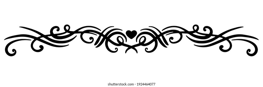 Vector black element with a thin line. Ornament with a heart and swirl for decoration of festive products, web, menus, labels. 