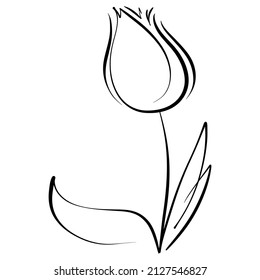 vector black element tulip flower drawn with a contour of different thickness, bud with leaves line art