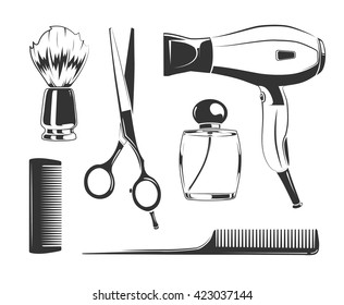 Vector black elements for barber shop labels. Comb and scissors, hair dryer and shaving brush vector silhouettes