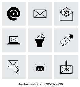 Vector black email icons set on grey background