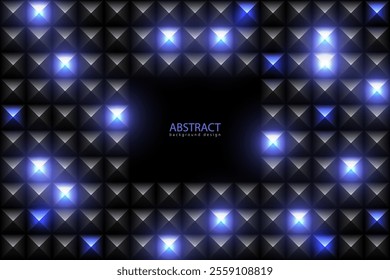 Vector black embossed metal grid background with blue hot light effect glow cells. Diamond shape futuristic dark iron techno texture. Dark crystal geometric tech pattern, title header cover