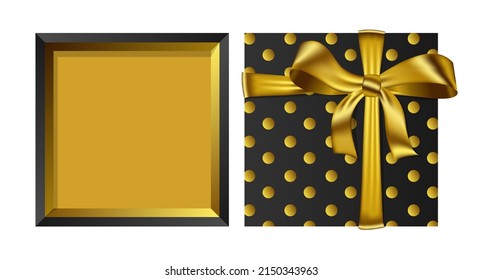 Vector black empty gift open square box with gold ribbon and bow isolated on white background.