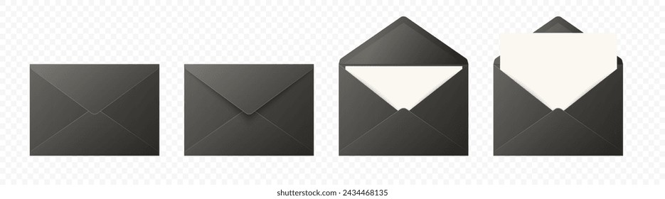 Vector Black Envelopes with Blank Letter. Folded, Unfolded Isolated Envelope Set. Design Template. Message, Notification, Mailing, Surprise and Congratulations Concept