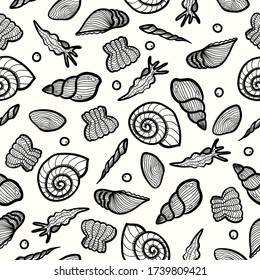 vector black ethnic sea shells lines seamless pattern on white