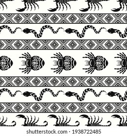 vector black ethnic snake, spider and scorpion seamless pattern on white
