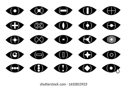 Vector black eye icons on a white background. Icons depicting searching signs and supervision. Sight and vision pictogram collection.