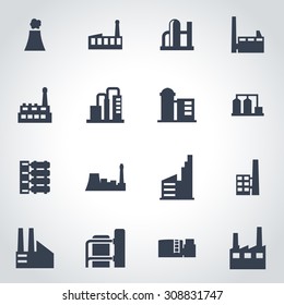 Vector black factory icon set on grey background