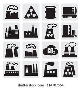 vector black factory icons set on gray