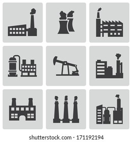 Vector black factory icons set on white background