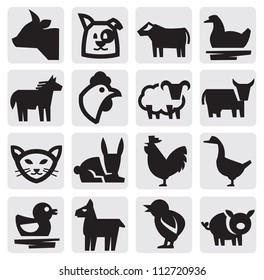 vector black farm animals icon set on gray
